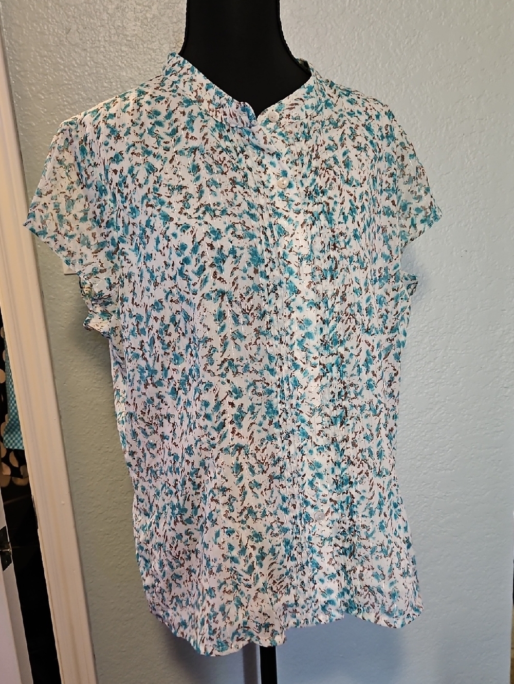 Coldwater Creek White Blouse with Teal & Brown Floral Print